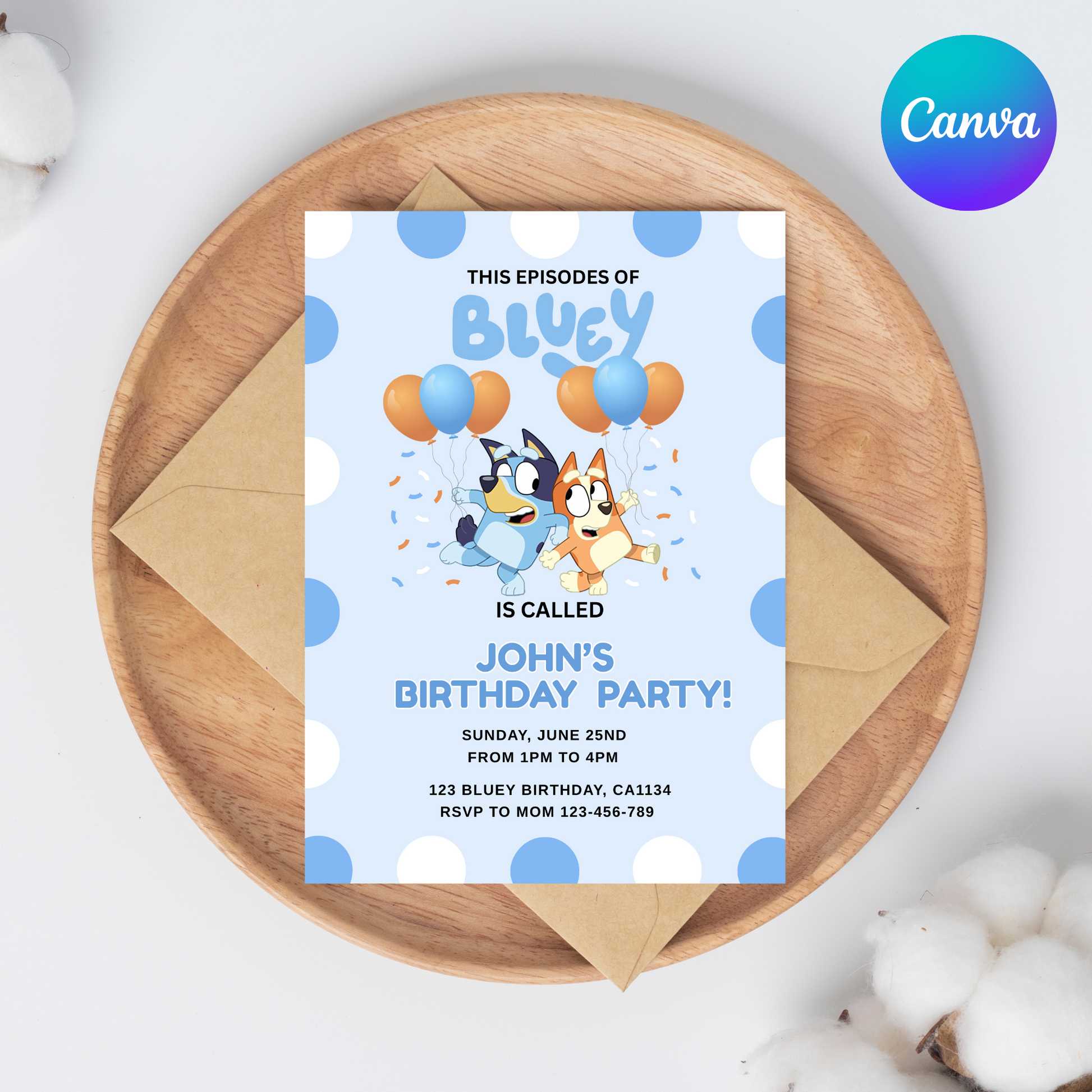 Bluey Birthday Invitation | Blue Editable Digital Template | 5x7” | Party Invite | Instant Download