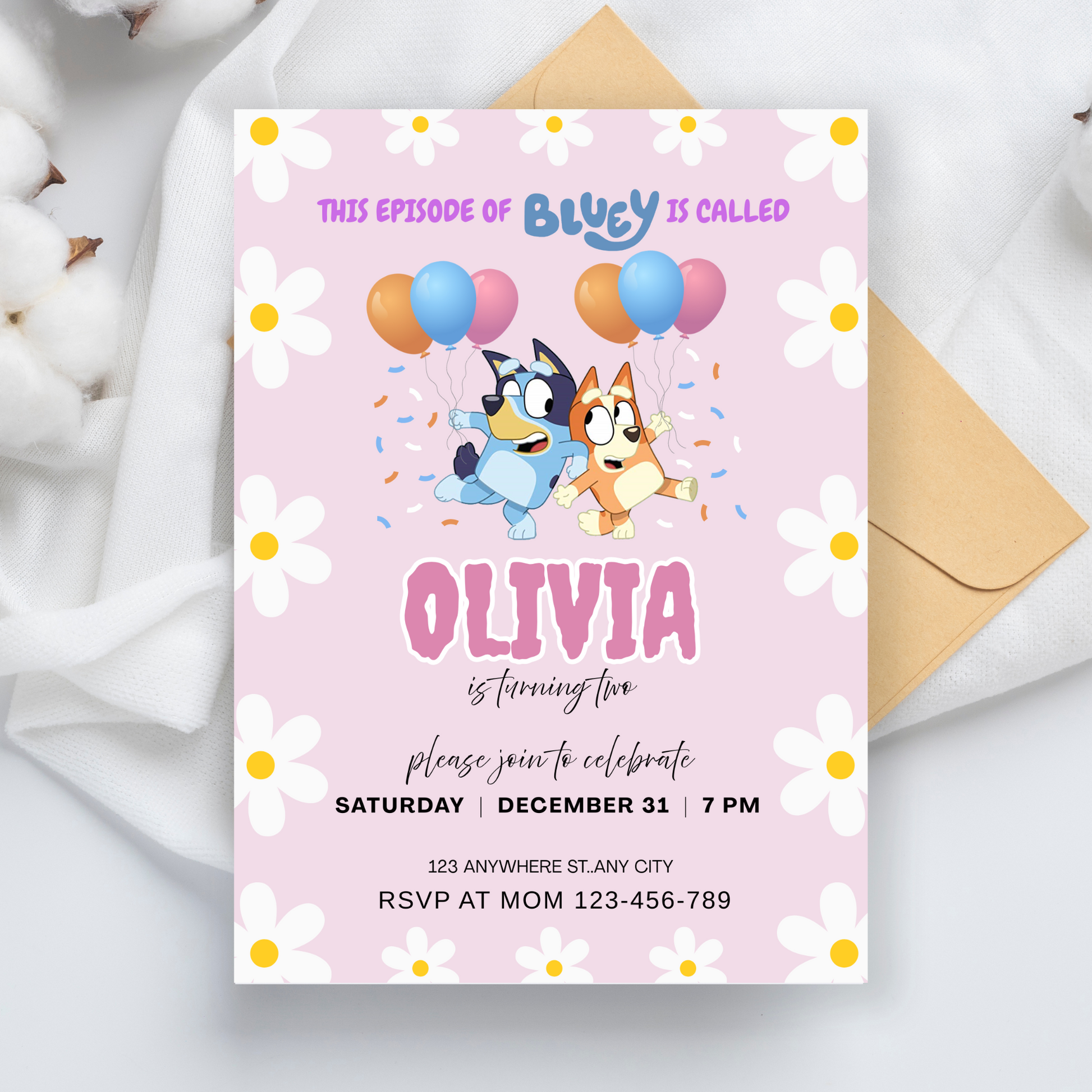 Bluey Birthday Invitation | Pink Editable Digital Template | 5x7” | Party Invite | Instant Download
