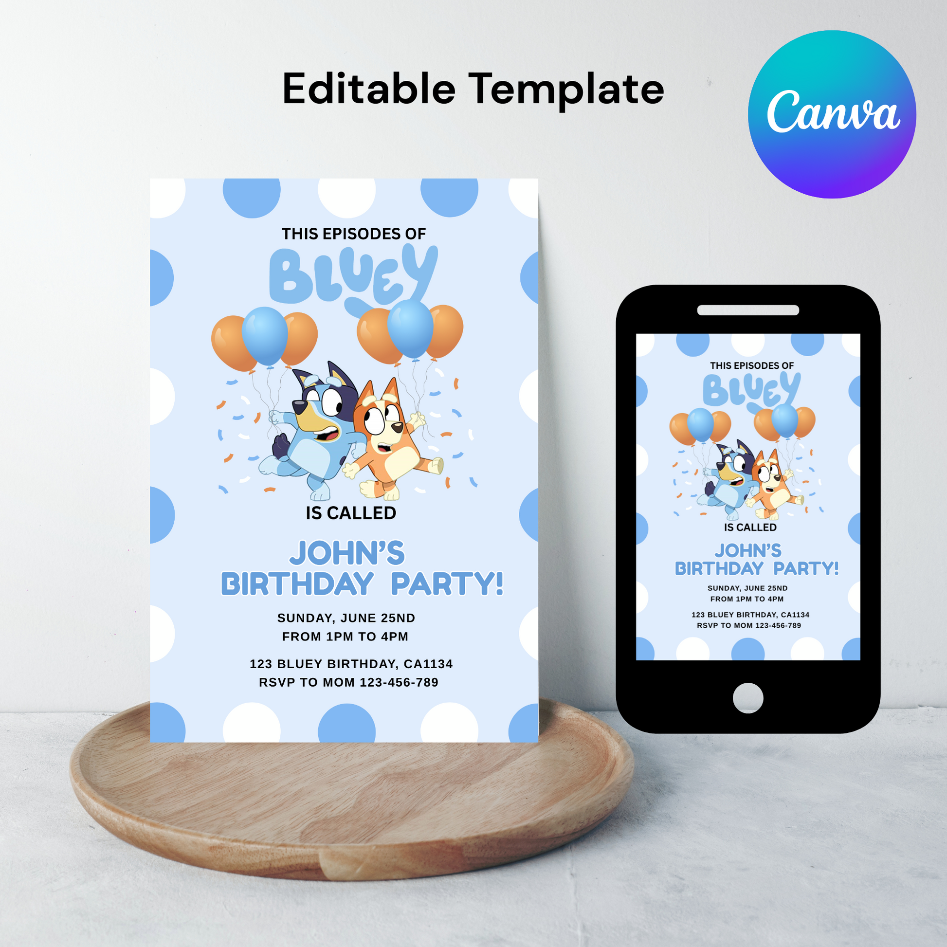 Bluey Birthday Invitation | Blue Editable Digital Template | 5x7” | Party Invite | Instant Download