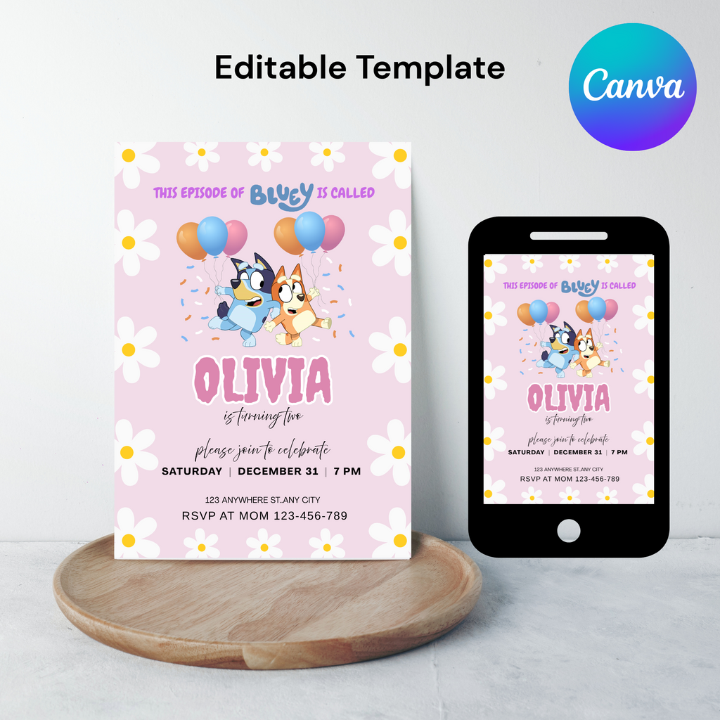 Bluey Birthday Invitation | Pink Editable Digital Template | 5x7” | Party Invite | Instant Download