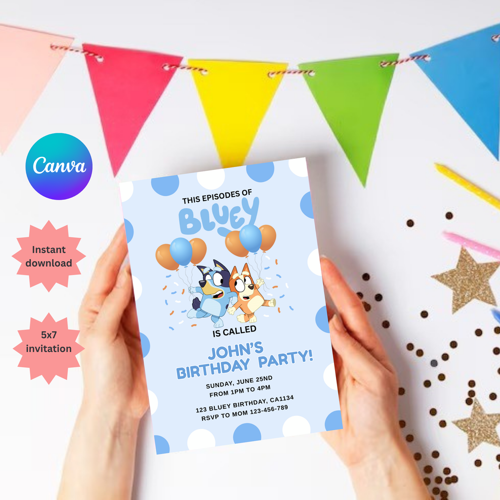 Bluey Birthday Invitation | Blue Editable Digital Template | 5x7” | Party Invite | Instant Download