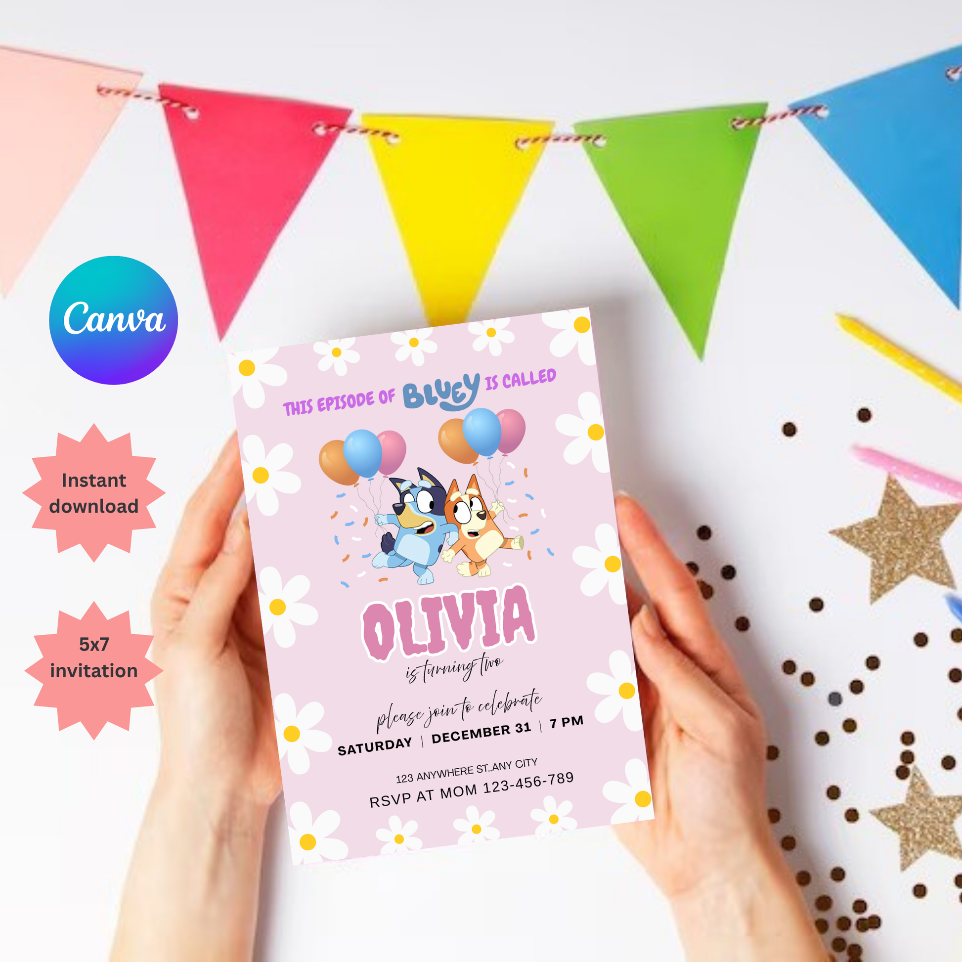 Bluey Birthday Invitation | Pink Editable Digital Template | 5x7” | Party Invite | Instant Download