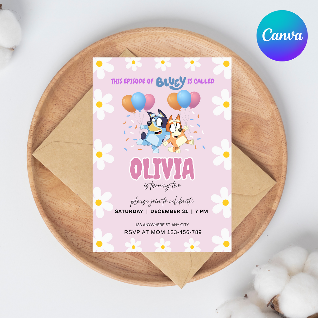 Bluey Birthday Invitation | Pink Editable Digital Template | 5x7” | Party Invite | Instant Download